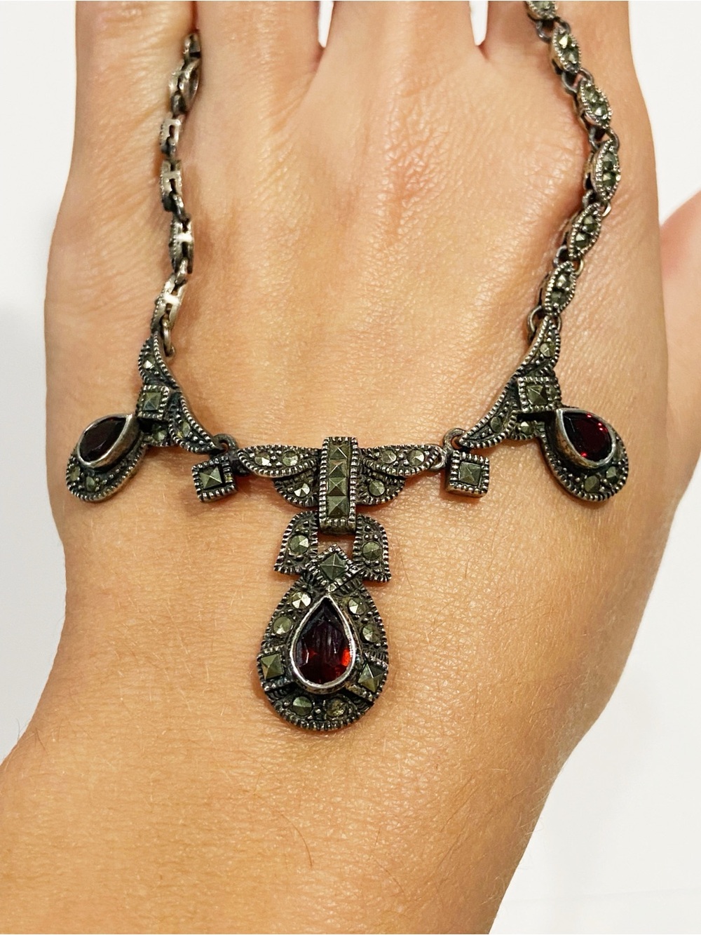 Vintage Sterling Silver Garnet Teardrop Marcasite Necklace - Women Jewelry